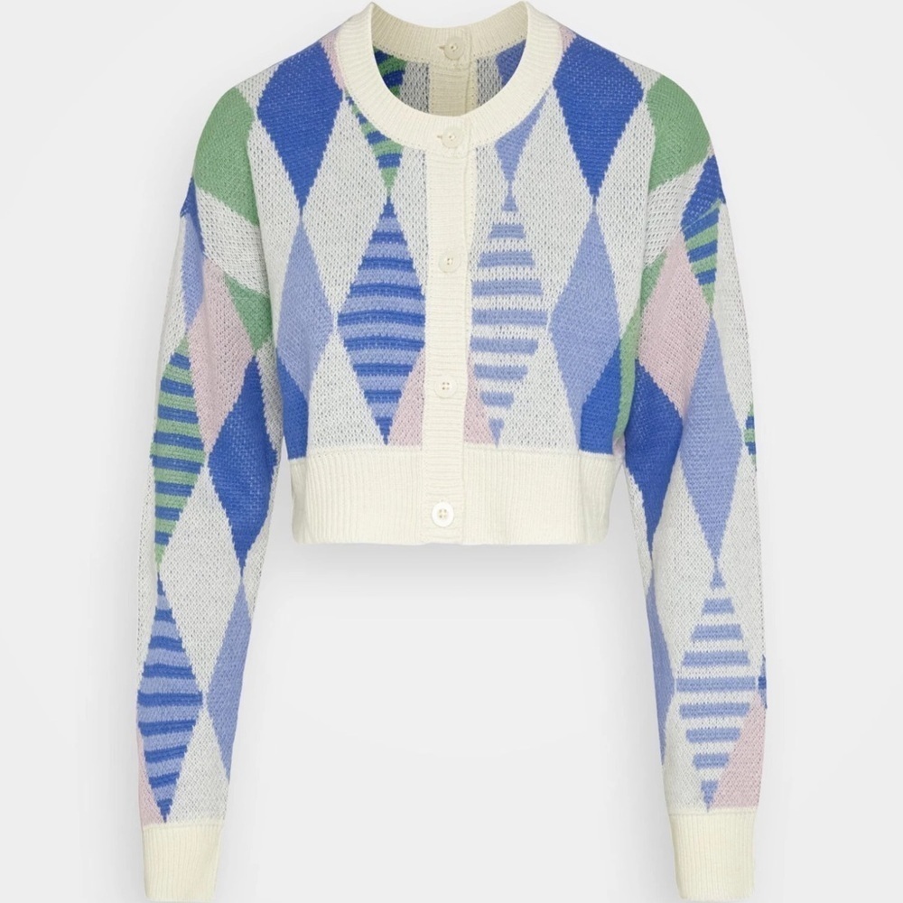 Noisy May Geometric Cropped Knit Cardigan Sz L Long Sleeve Preppy Academia